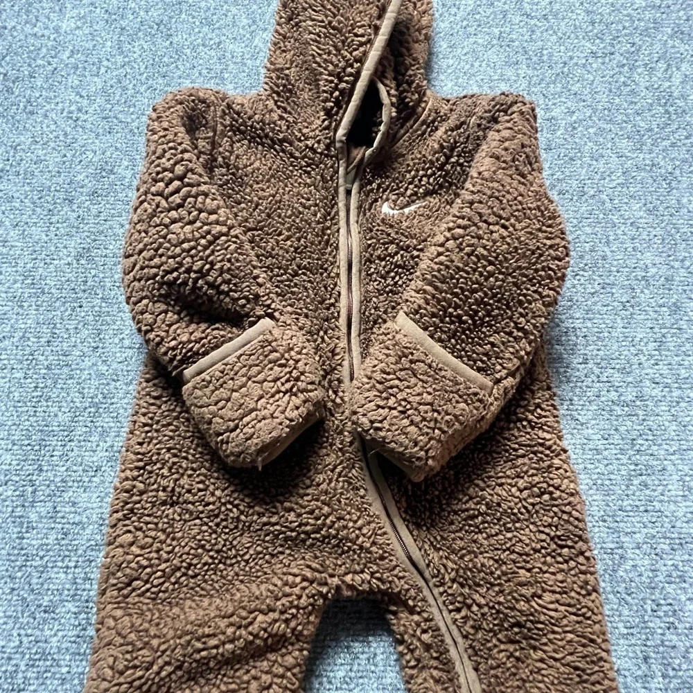 Nike Baby Sherpa Fleece Hooded Romper Brown 6M One Piece Bunting Zip Up